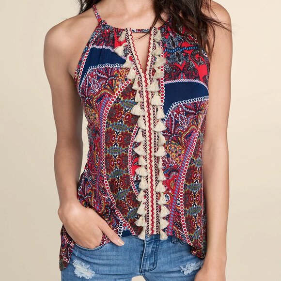 VENUS Boho Paisley Sleeveless Tassel Top Red Blue Bandana Print Tank Plus 1X NEW - Picture 1 of 7